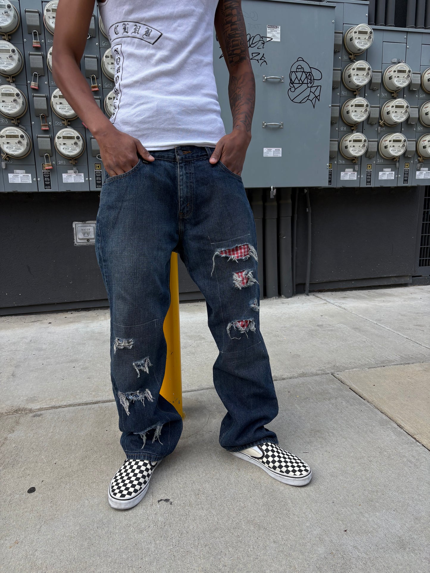plaid distressed straight jeans