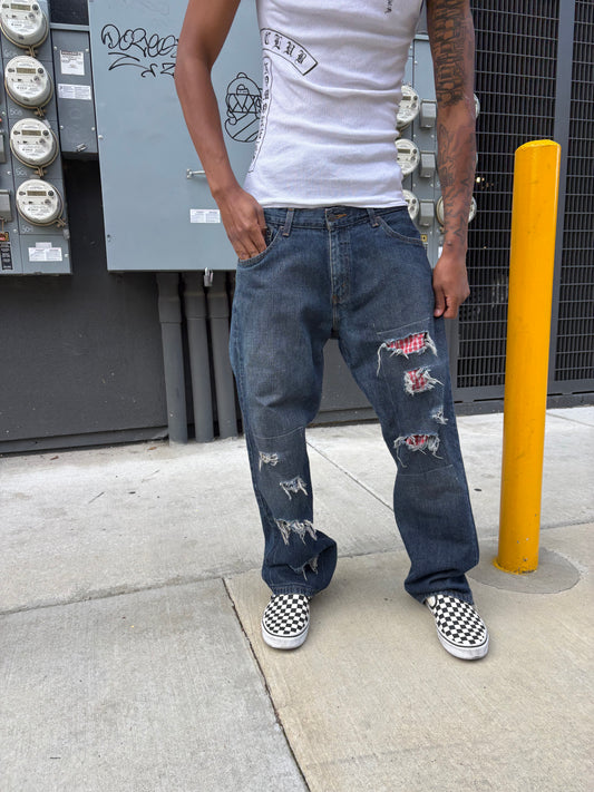 plaid distressed straight jeans