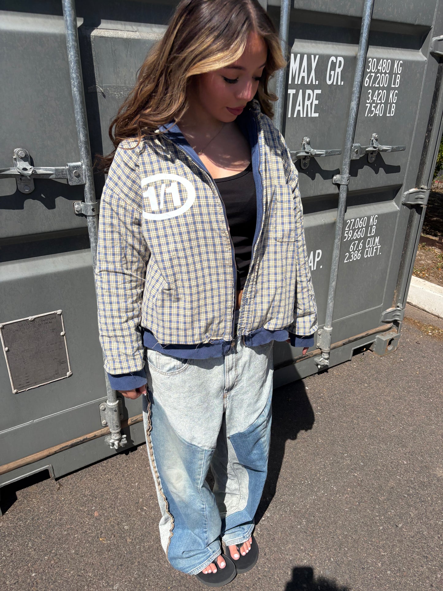reversible plaid contrast zip up