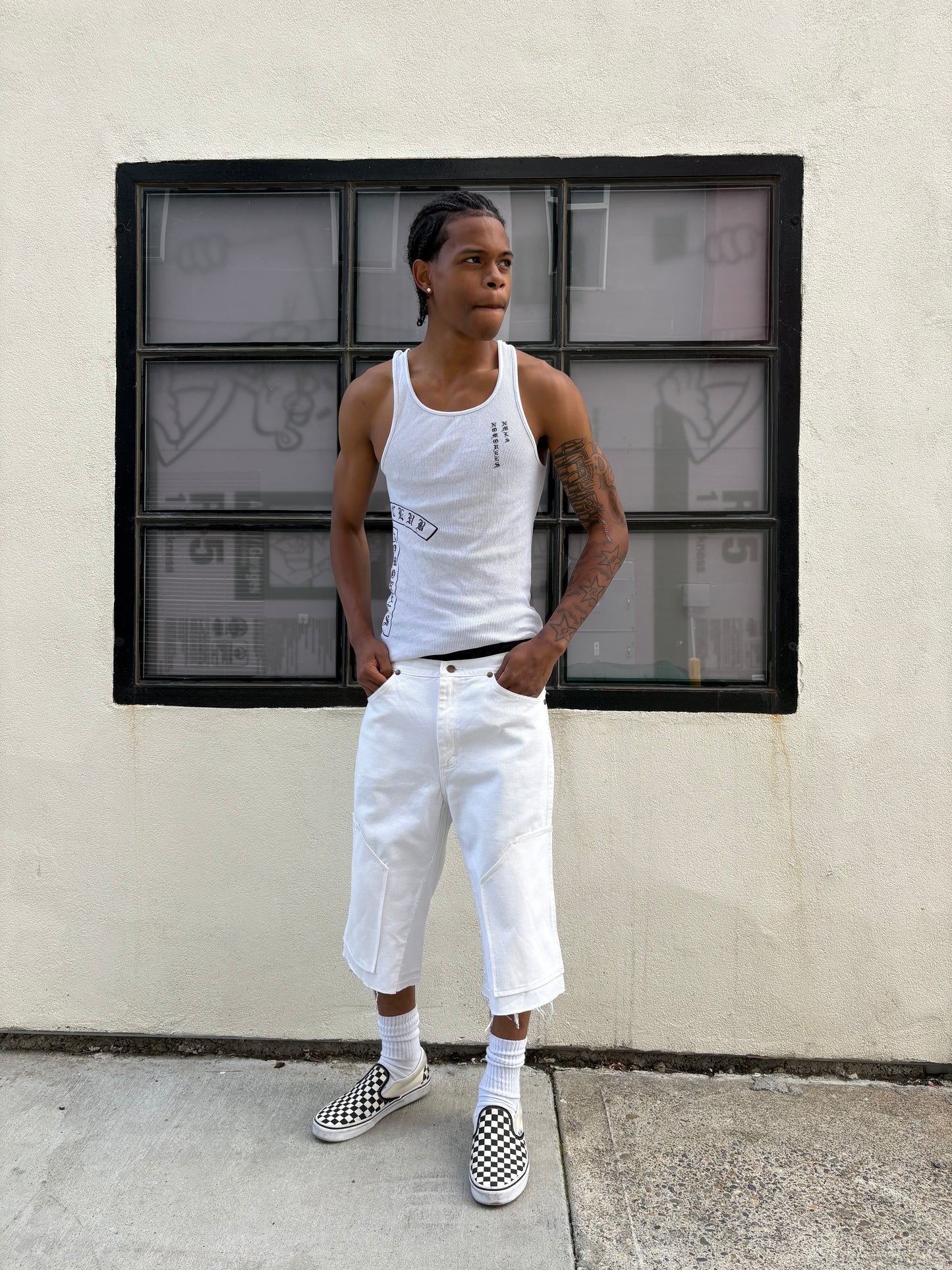 off white double knee jorts