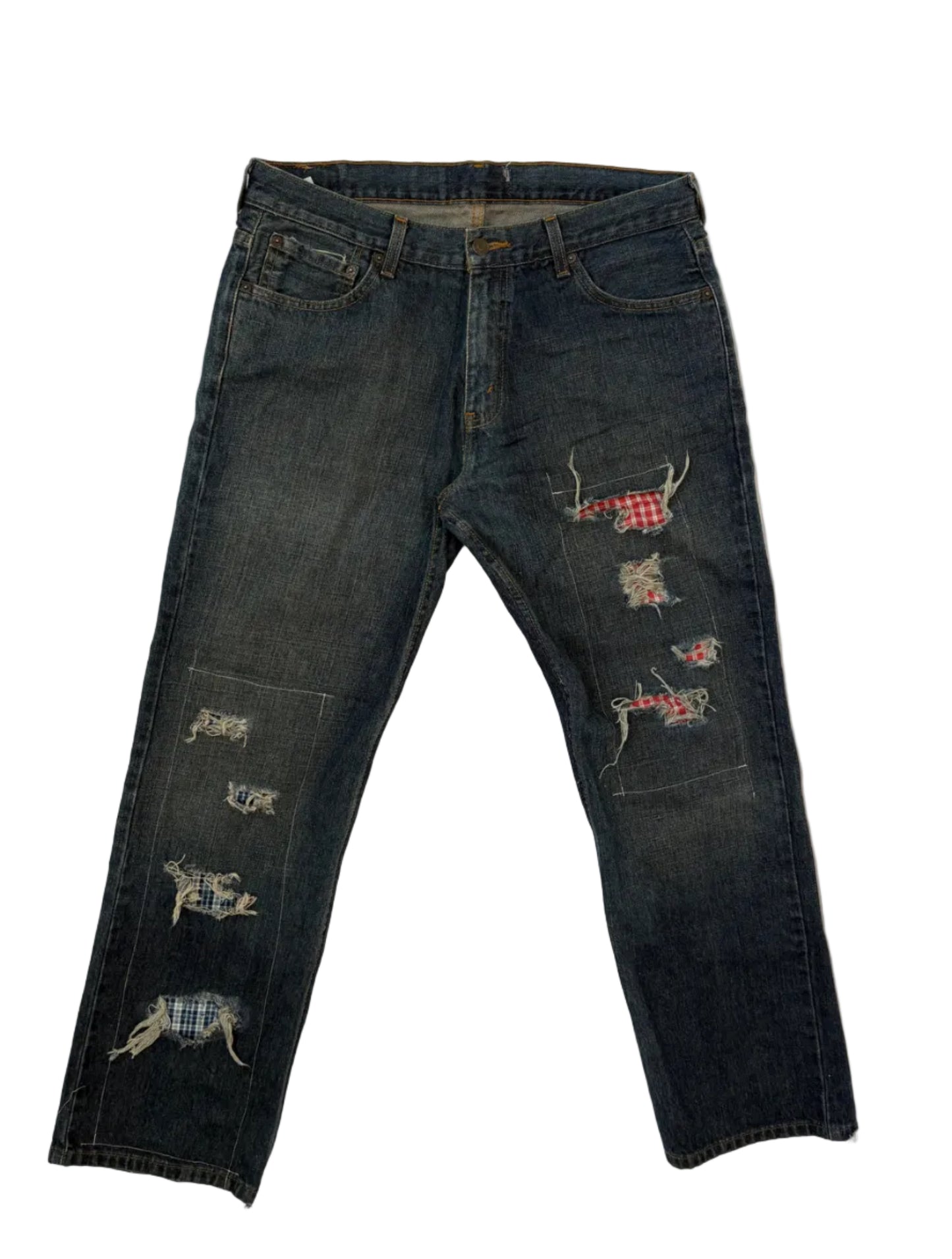 plaid distressed straight jeans